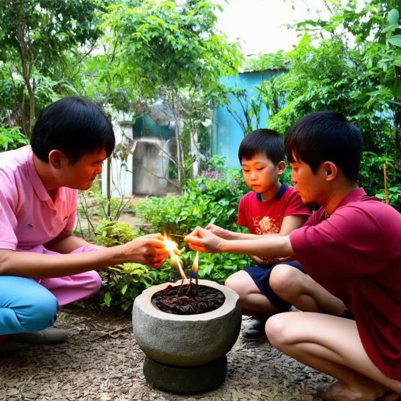 Gia đình thắp nhang tại cây hương đá