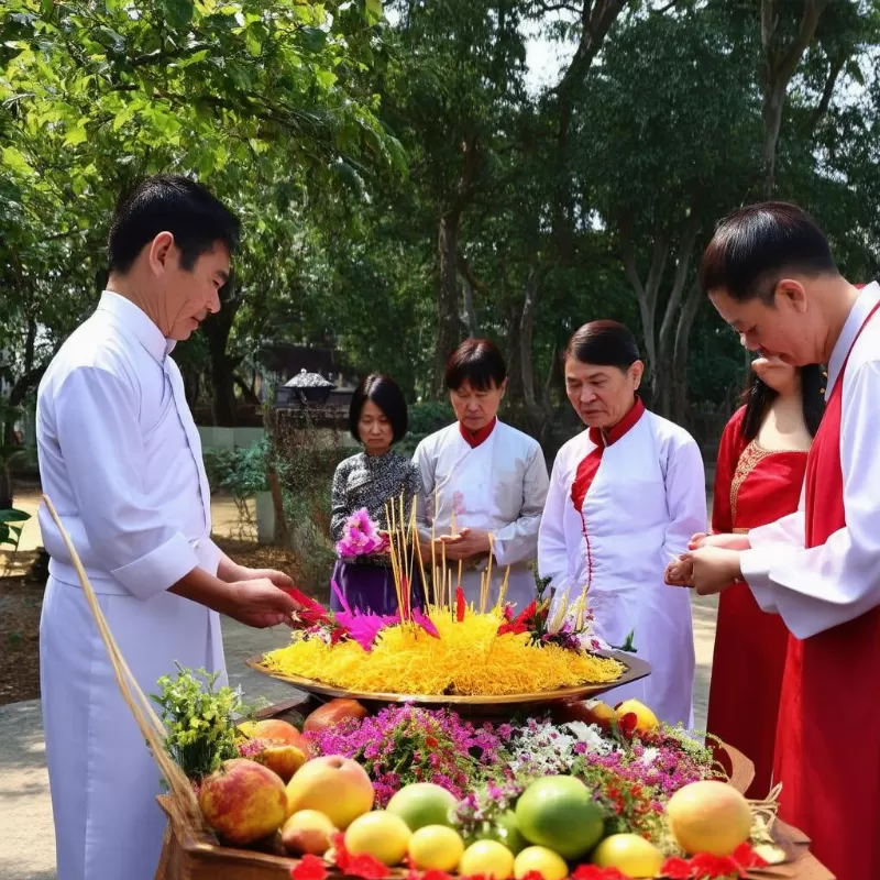 Gia đình cúng bái ngoài trời