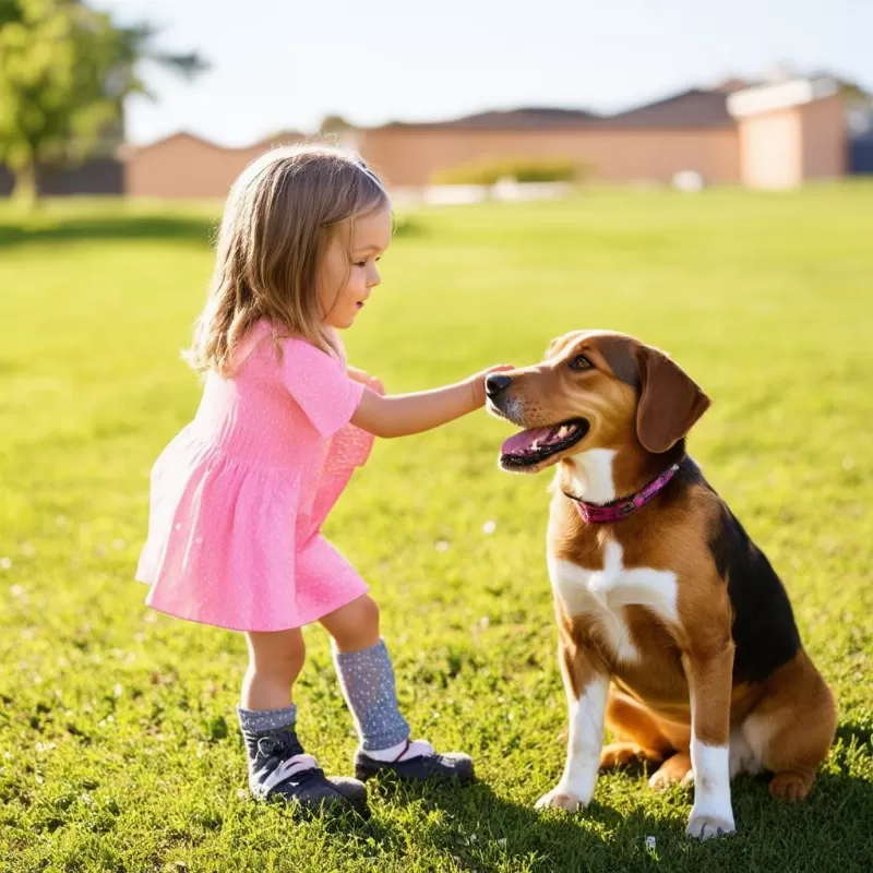 Bé gái vuốt ve chó