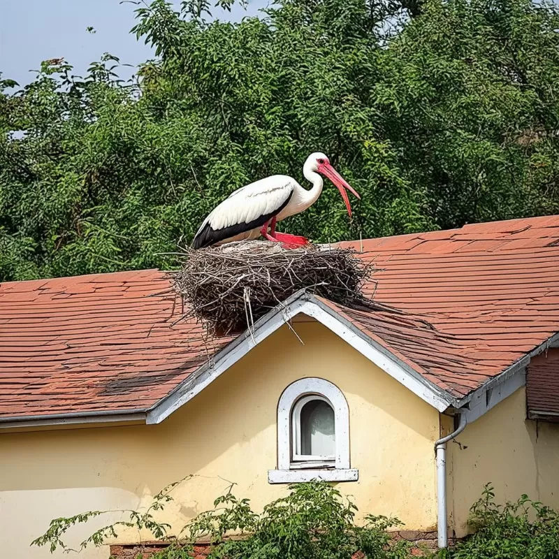 Gia đình cò làm tổ trên mái nhà