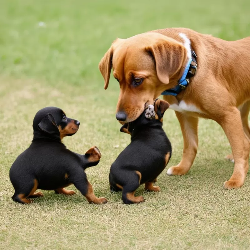 Hình ảnh chó mẹ và đàn chó con đang chơi đùa